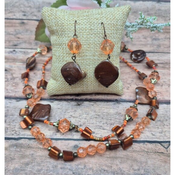 Artisan Made Peach & Brown Beaded Necklace & Dangle Earrings Set Dyed Abalone - Picture 2 of 9